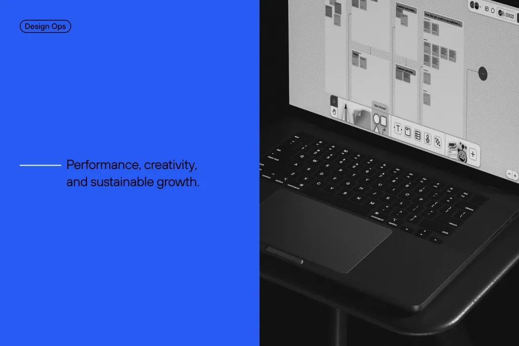 blue board, computer with apps for design ops