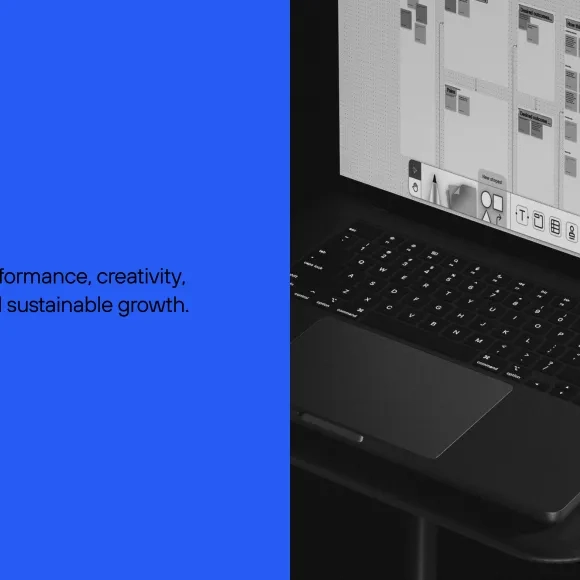 blue board, computer with apps for design ops